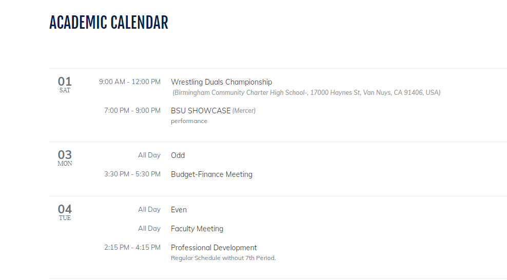 Charter School website Online academic calendar