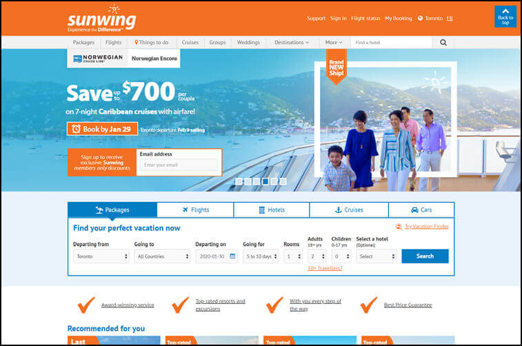 Travel website design and Tourism Package Website Design Ideas (Sunwing) - ColorWhistle