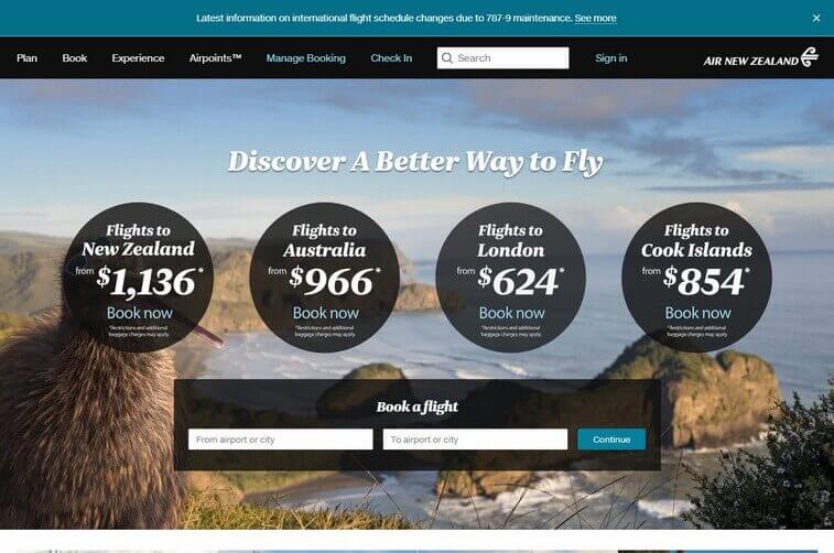 Travel Website Design and Tourism Booking Website Design Ideas (Air Newzeland) - ColorWhistle