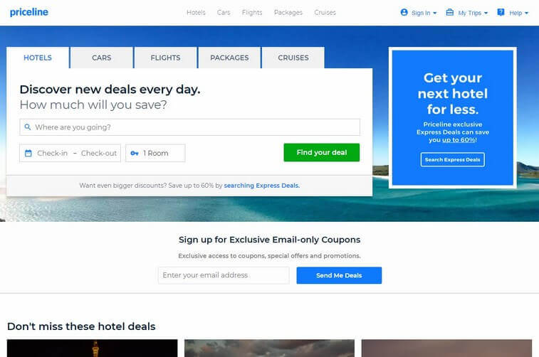 Travel Website Design and Tourism Booking Website Ideas (Priceline) - ColorWhistle