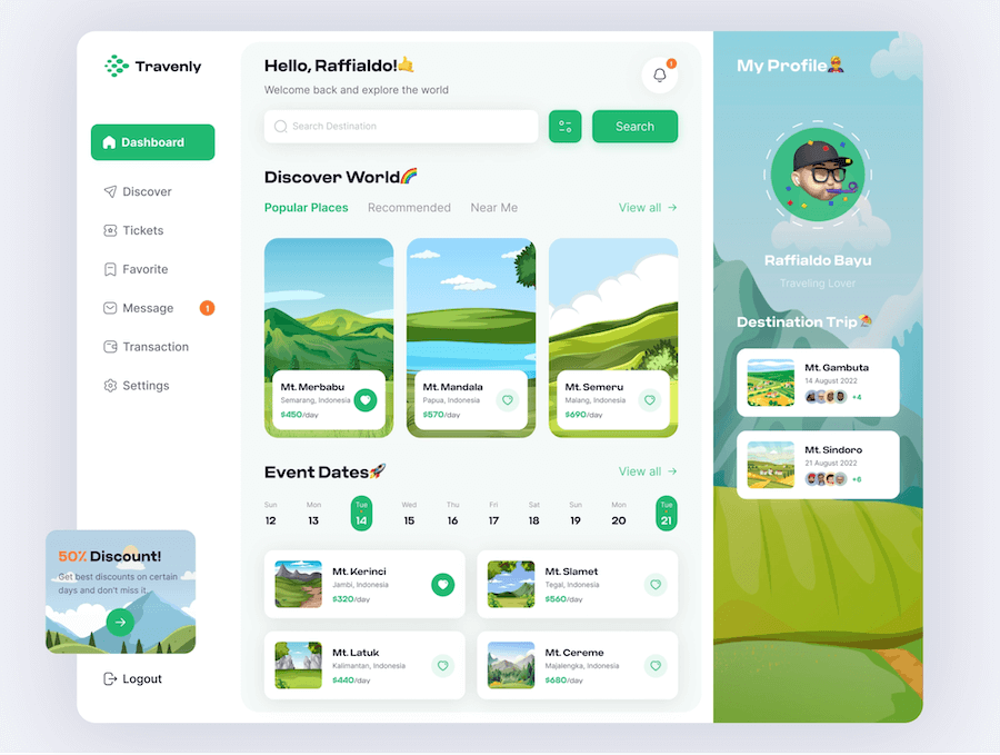 Creative Dashboard UI Design Examples (Travenly), Creative travel dashboard app design example  - ColorWhistle