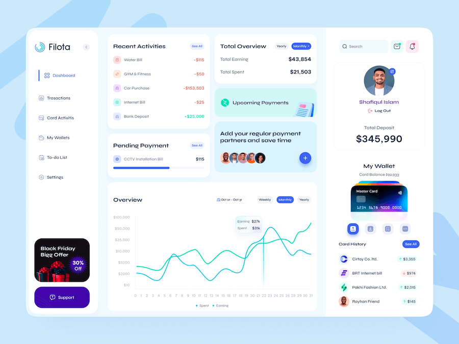 Creative Dashboard UI Design Examples (Filota), Fintech dashboard design example - ColorWhistle