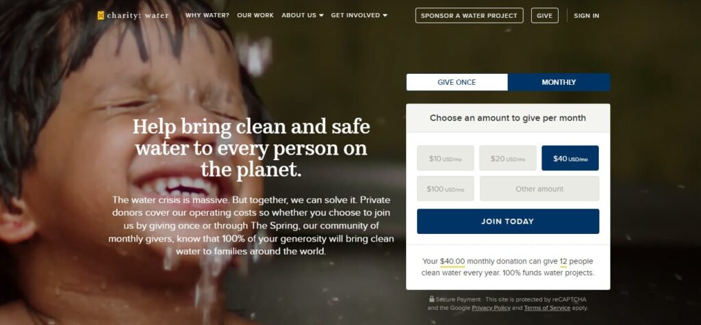 Website Design Ideas, Examples and Inspirations for Small Business  ( Charity - water) - ColorWhistle