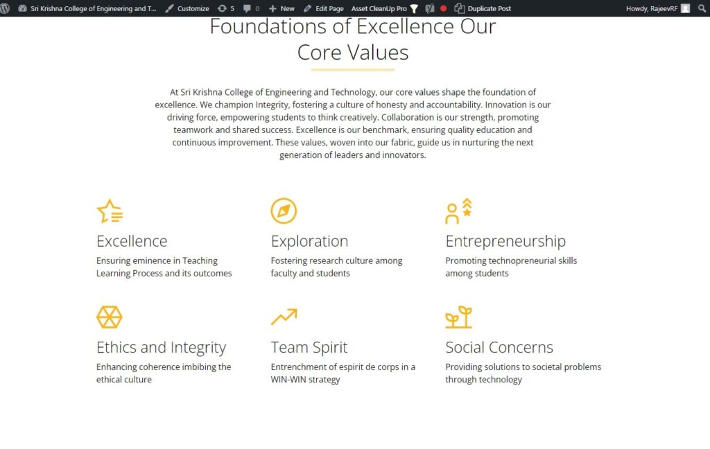 SKCET Website Revamp Success Case Study - Core Values Section - After - ColorWhistle