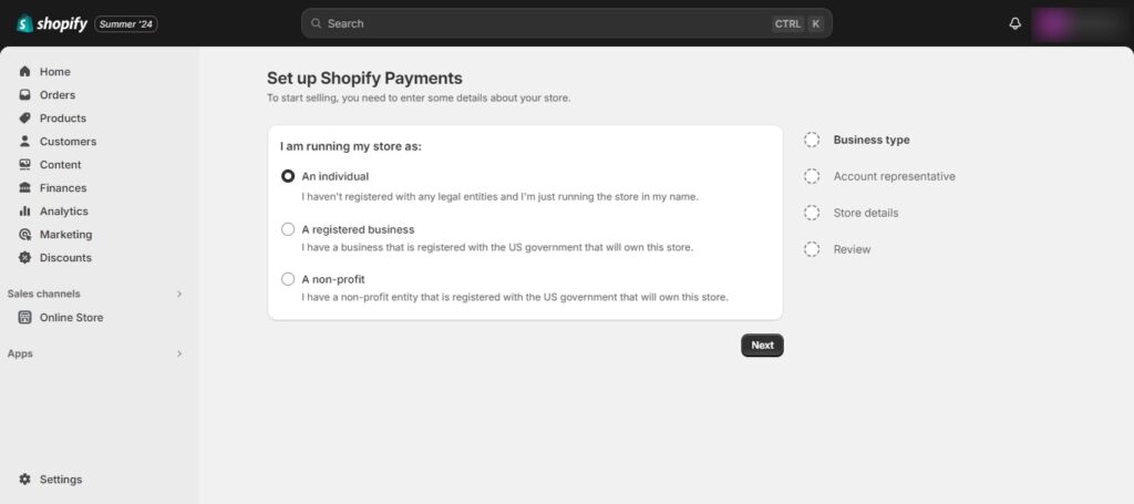 Shopify payment setup (Choose Business Type) - ColorWhistle