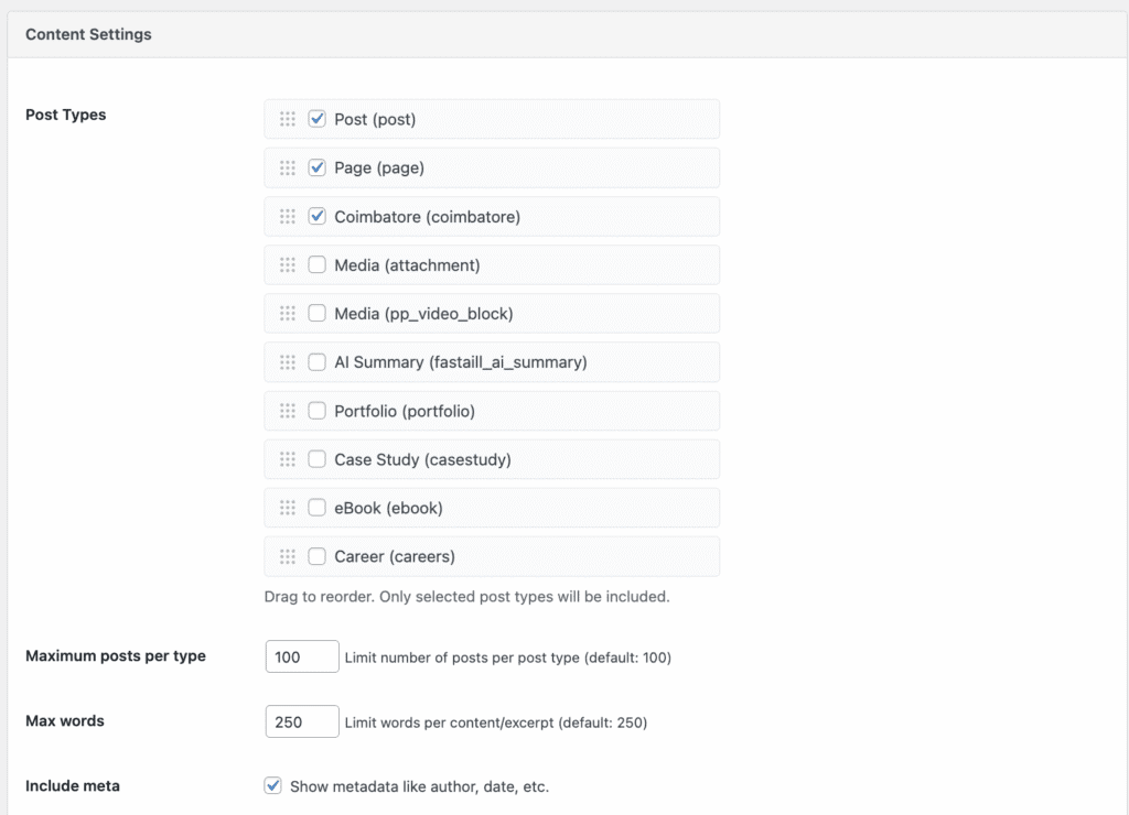 Dynamic llms.txt Generator – WordPress Plugin Case Study(content settings) - ColorWhistle